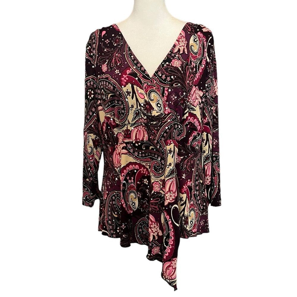 Women's Paisley Print Long-Sleeve Blouse - Pink & Burgundy